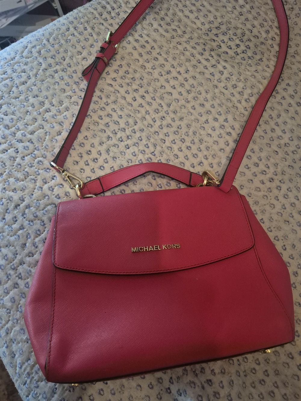 Michael Kors Red Leather Ava Crossbody Satchel with Gold Hardware